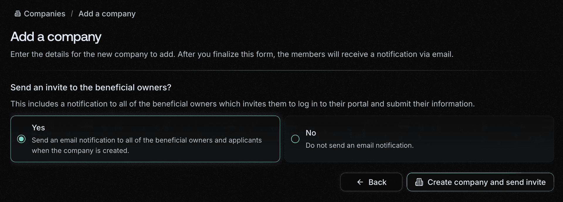 Create company with notification